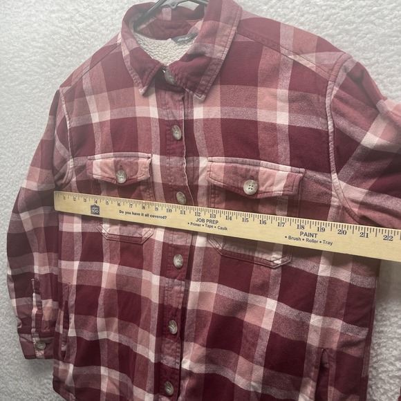 Eddie Bauer Shirt Womens Medium Red White Sherpa Lined Plaid Flannel Shacket - Picture 7 of 16